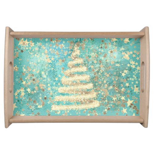 Festive Aqua Gold Sparkly Christmas Tree  Serving Tray