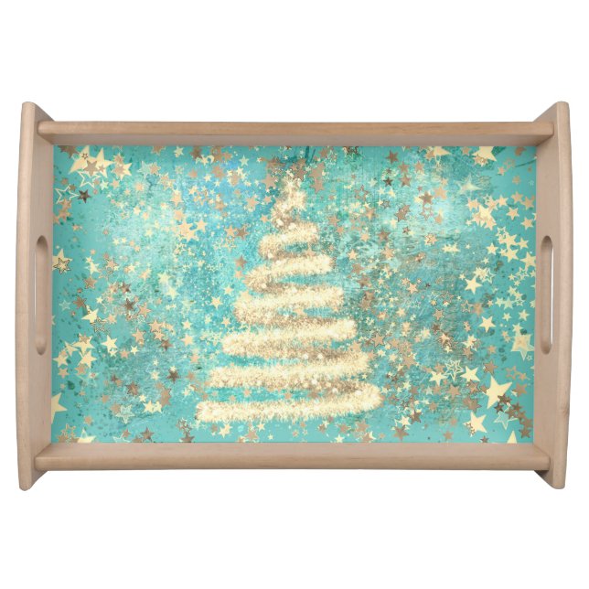 Festive Aqua Gold Sparkly Christmas Tree  Serving Tray (Front)