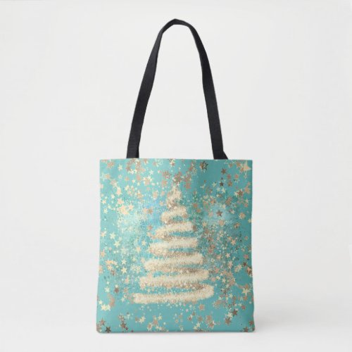 Festive Aqua Gold Sparkly Christmas Tree Tote Bag