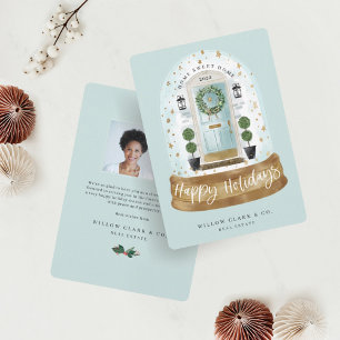 Festive Aqua Watercolor Door Snow Globe Business Holiday Card