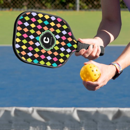 Festive Argyle Diamond Colorful Monogram Pickleball Paddle