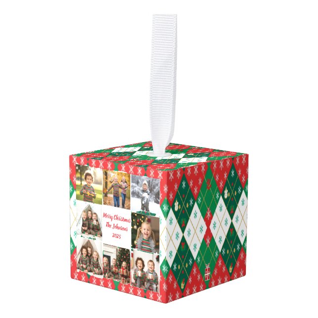 Festive Argyle Love Personalized Christmas Cube Ornament (Front Angled)