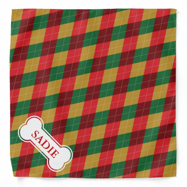 Festive Argyle Pattern And Dog Bone With Name Bandana (Front)