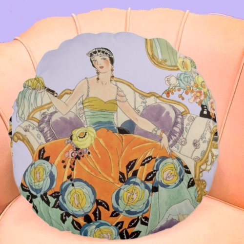 Festive Art Deco Lady Round Pillow