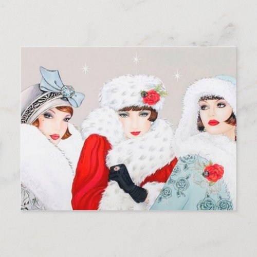 Festive art deco retro vintage Christmas ladies Holiday Postcard