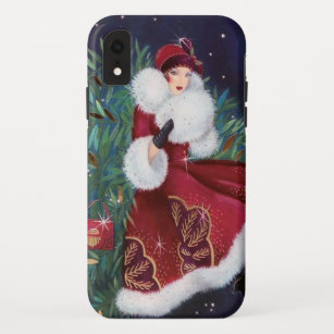 Festive art deco retro vintage Christmas lady iPhone XR Case