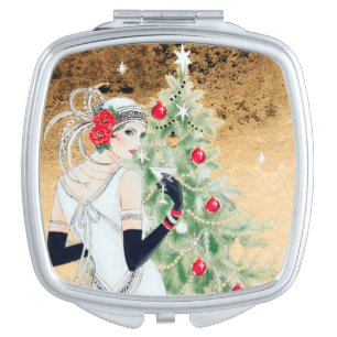 Festive Art Deco retro vintage Christmas lady Compact Mirror