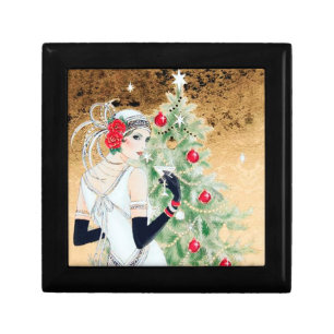 Festive art deco retro vintage Christmas lady Gift Box