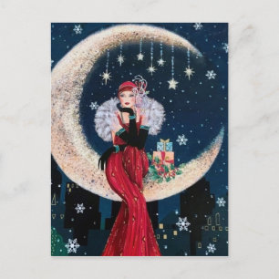 Festive art deco retro vintage Christmas lady Holiday Postcard