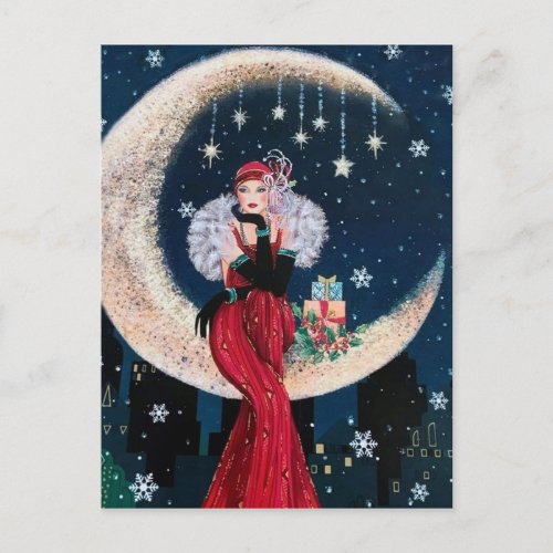 Festive art deco retro vintage Christmas lady Holiday Postcard