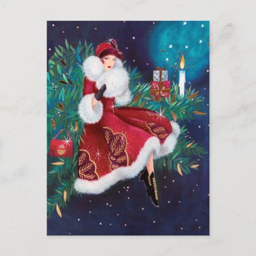 Festive art deco retro vintage Christmas lady Holiday Postcard