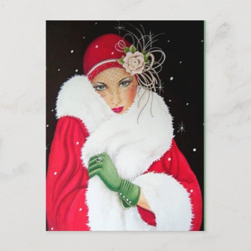 Festive art deco retro vintage Christmas lady Holiday Postcard