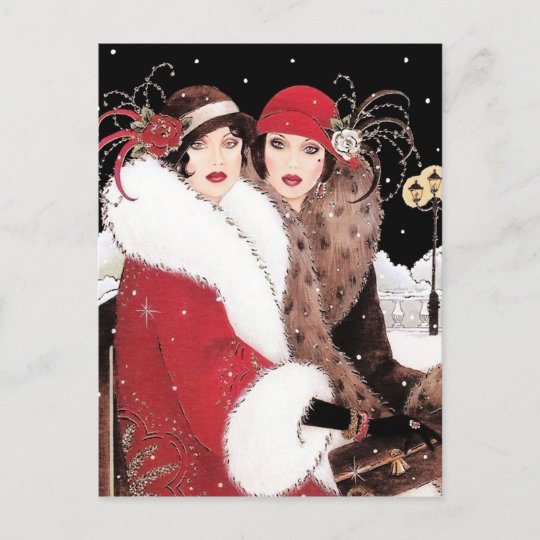 Festive art deco retro vintage Christmas lady Holiday Postcard | Zazzle.com