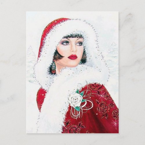Festive art deco retro vintage Christmas lady Holiday Postcard