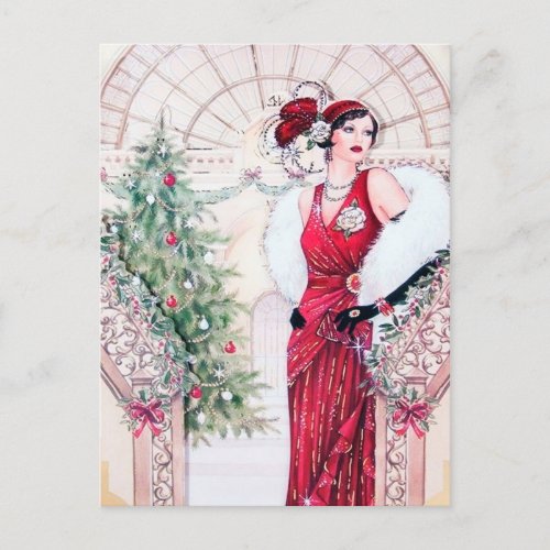 Festive art deco retro vintage Christmas lady Holiday Postcard