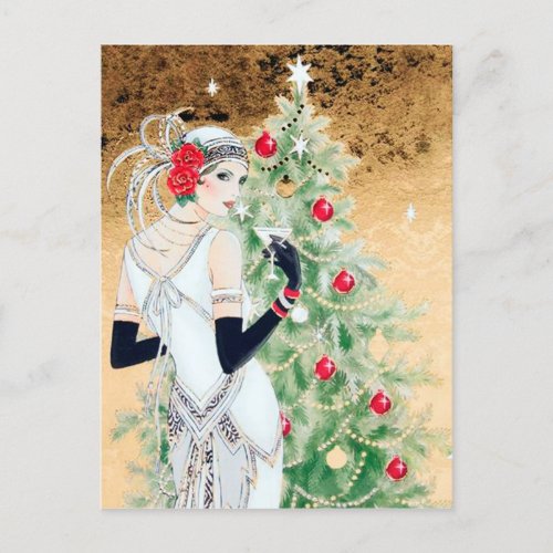 Festive art deco retro vintage Christmas lady Holiday Postcard