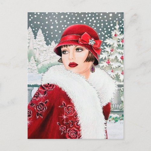 Festive art deco retro vintage Christmas lady Holiday Postcard