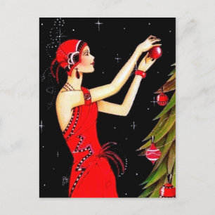 Festive art deco retro vintage Christmas lady Holiday Postcard