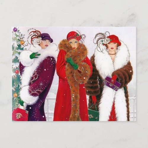 Festive art deco retro vintage Christmas lady Holiday Postcard