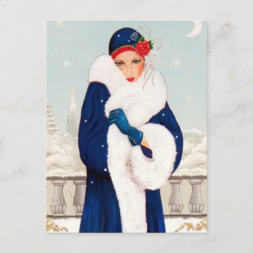 Festive art deco retro vintage Christmas lady Holiday Postcard