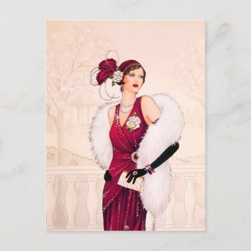 Festive art deco retro vintage Christmas lady Holiday Postcard