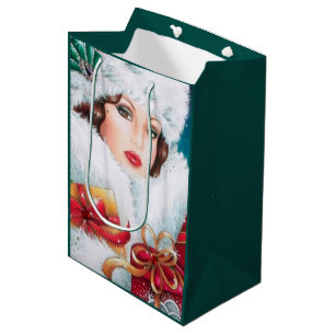 Festive art deco retro vintage Christmas lady Medium Gift Bag