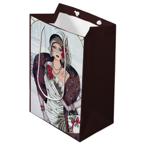 Festive art deco retro vintage Christmas lady Medium Gift Bag