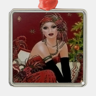 Festive art deco retro vintage Christmas lady Metal Ornament