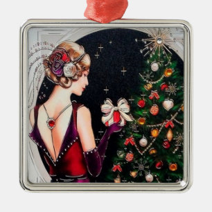Festive art deco retro vintage Christmas lady Metal Ornament