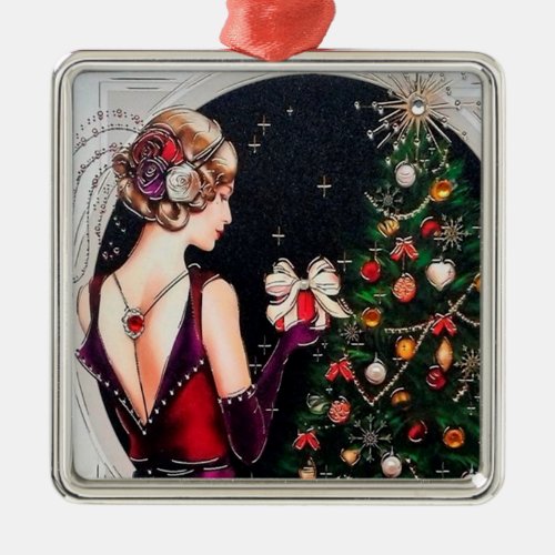 Festive art deco retro vintage Christmas lady Metal Ornament
