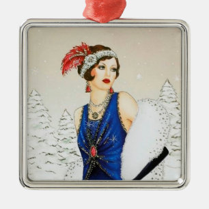 Festive art deco retro vintage Christmas lady Metal Ornament