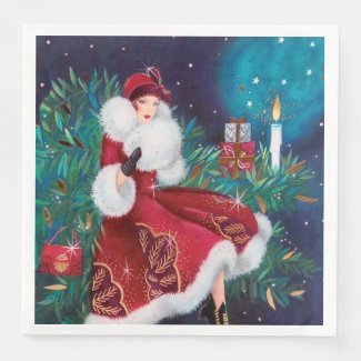 Festive art deco retro vintage Christmas lady Paper Dinner Napkins