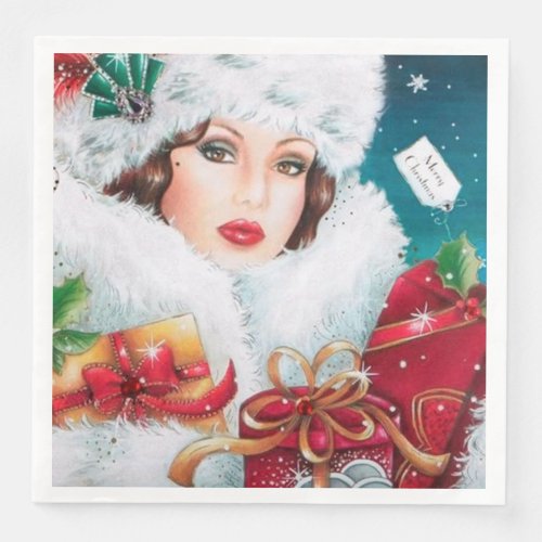 Festive art deco retro vintage Christmas lady Paper Dinner Napkins