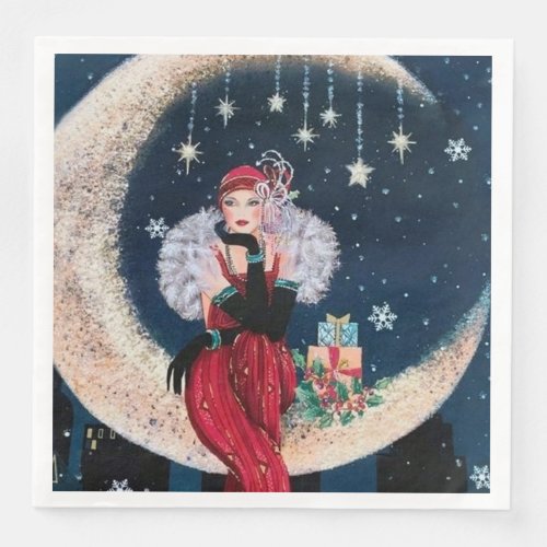 Festive art deco retro vintage Christmas lady Paper Dinner Napkins