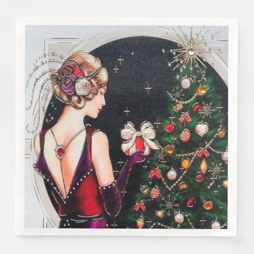 Festive art deco retro vintage Christmas lady Paper Dinner Napkins