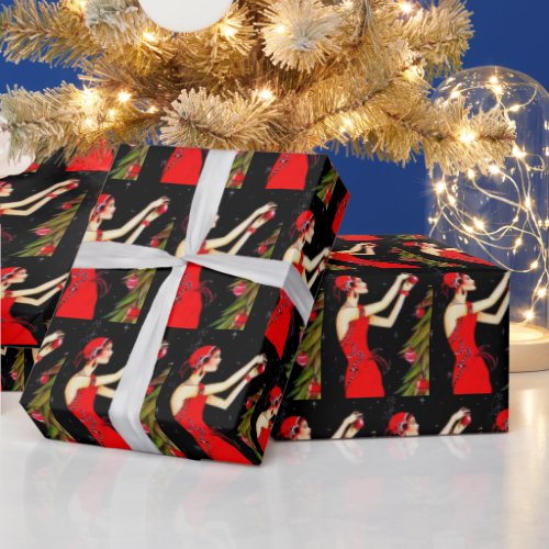 Festive art deco retro vintage Christmas lady Wrapping Paper