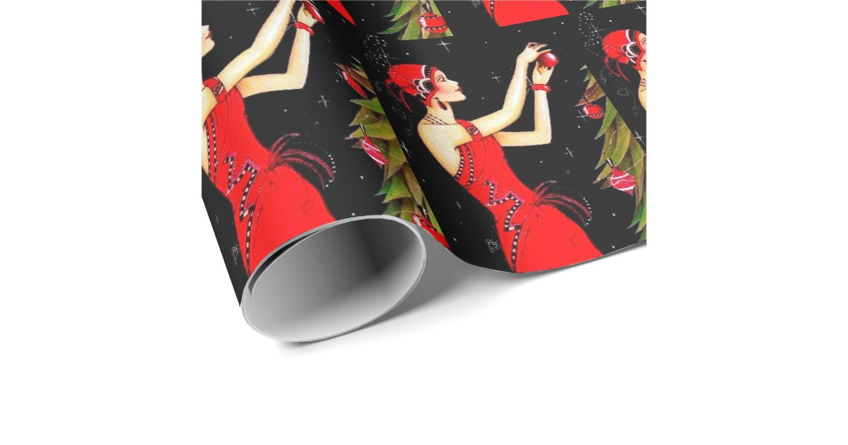 Festive art deco retro vintage Christmas lady Wrapping Paper