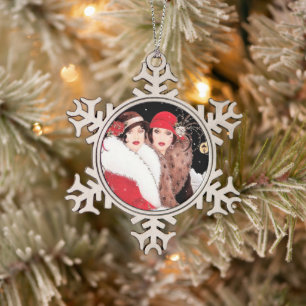 festive art Deco retro vintage ladies Snowflake Pewter Christmas Ornament
