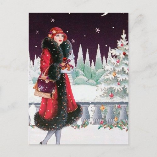 Festive art deco retro vintage lady holiday postcard