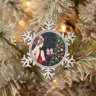 festive art Deco retro vintage lady Snowflake Pewter Christmas Ornament