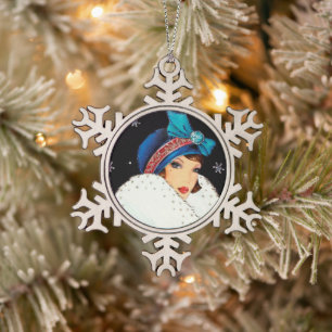 festive art Deco retro vintage lady Snowflake Pewter Christmas Ornament