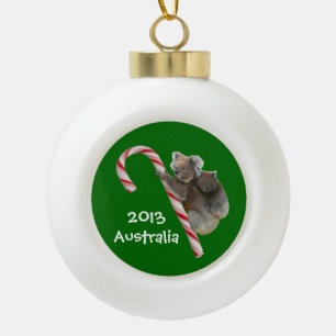 Festive Australian Koala Bears on Candy Cane Ceramic Ball Christmas Ornament