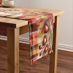 Festive Autumn Foliage on Plaid Short Table Runner