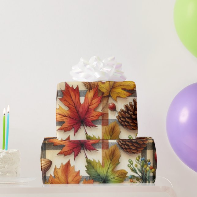 Festive Autumn Leaves on Plaid  Wrapping Paper (Party Gifts)