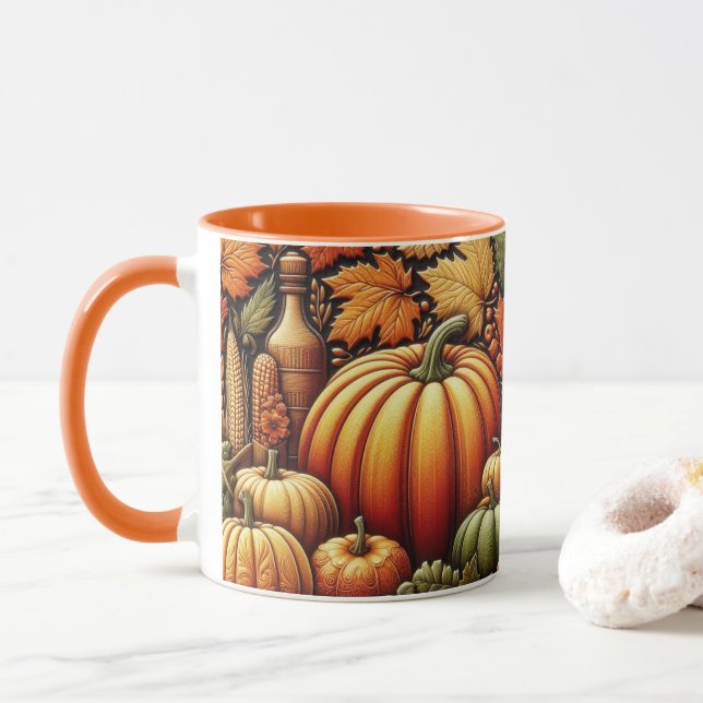 Festive Autumn Season Harvest Pumpkins Coffee Mug (With Donut)