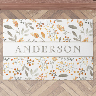 Festive Autumn Watercolor Foliage Family Name Doormat