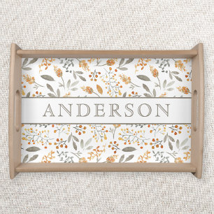 Festive Autumn Watercolor Foliage Family Name Serving Tray