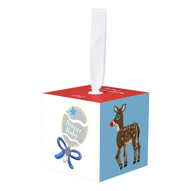 Festive Baby Boy Birth Stats Santa Cube Ornament (Front Angled)