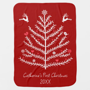 Festive Baby First Christmas Tree Deer Red  Blanket