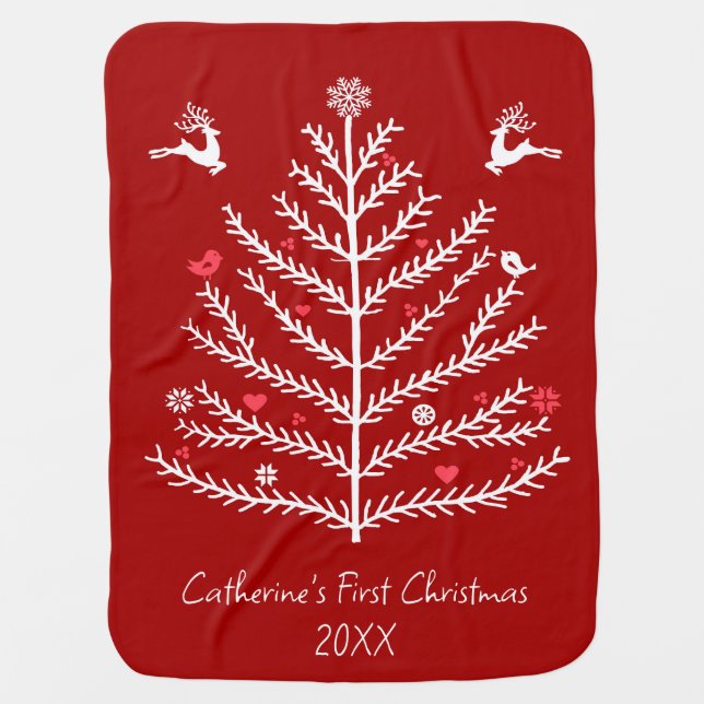 Festive Baby First Christmas Tree Deer Red  Blanket (Front)